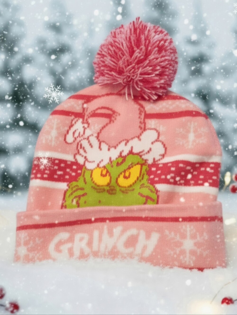 Pink Dr. Suess Grinch Fair Isle Pom-Pom Beanie